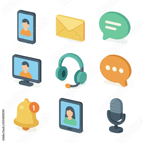 Communication Icons Grid. Isometric Flat icon set of colleague communication: smartphone, email envelope, chat bubble, video