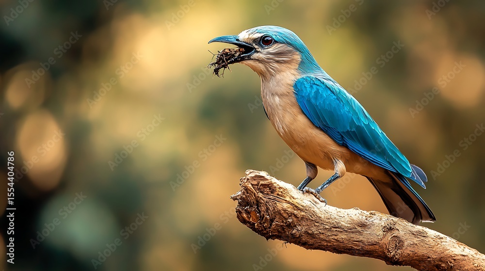 Obraz premium Turquoise Bird with Prey Perched on a Branch Against a Blurred Background