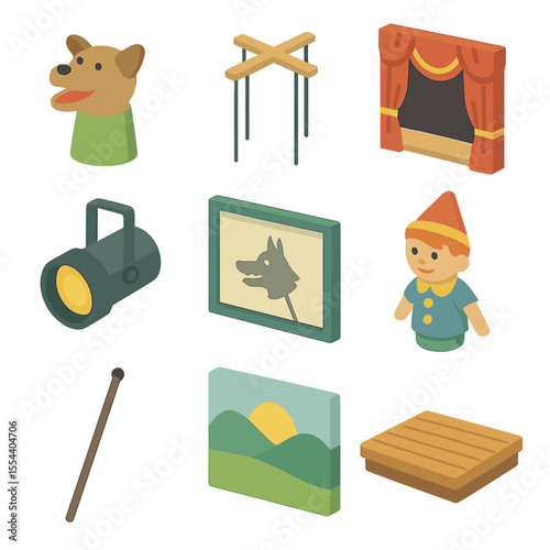 Puppetry Icon Set. Isometric Flat icon set of shadow play and puppetry: hand puppet, marionette strings, stage curtain, spotlight
