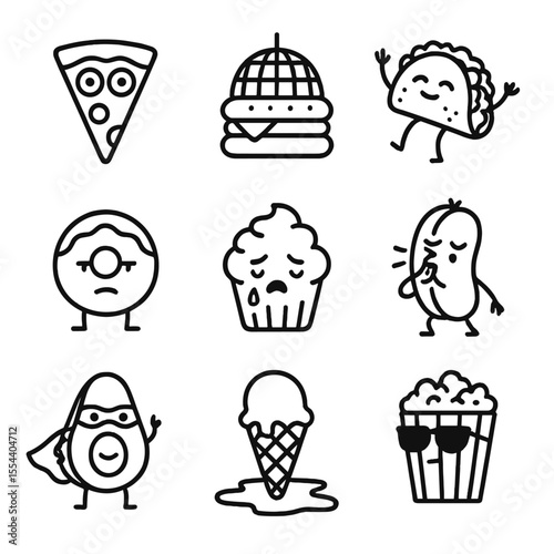 Quirky Food Icons. Outline icon set of food parody items: pizza slice with googly eyes, burger with disco ball, dancing taco,