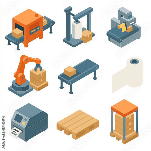 Packaging Line Icons. Isometric Flat icon set of packaging and palletizing lines: packing machine, shrink wrap dispenser, labeling