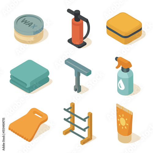 Paddleboard Tools Icons. Isometric Flat icon set of paddleboard maintenance tools: board wax, pump, repair kit, microfiber cloth,