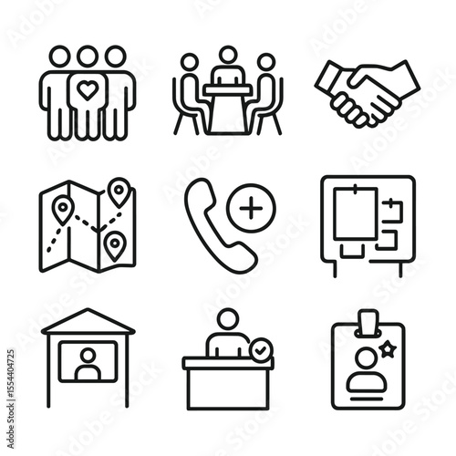 Community Support Icons. Outline icon set of community support and coordination: volunteer group, meeting table, handshake,