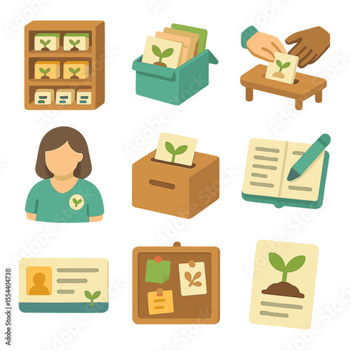 Community Seed Library Icons. Isometric Flat icon set of community seed library and exchange: library shelf, seed catalog,