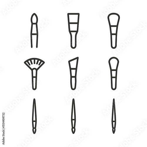 Painting Brush Icons. Outline icon set of painting brush types: round brush, flat brush, filbert brush, fan brush, angular brush,
