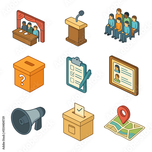 Community Town Hall Icons. Isometric Flat icon set of community town hall discussions: town hall stage, podium microphone,