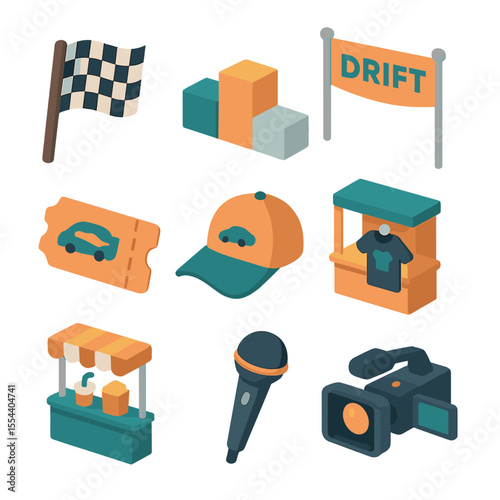 Racing Event Icon Set. Isometric Flat icon set of drift racing events: checkered flag, podium, event banner, ticket stub, fan hat,