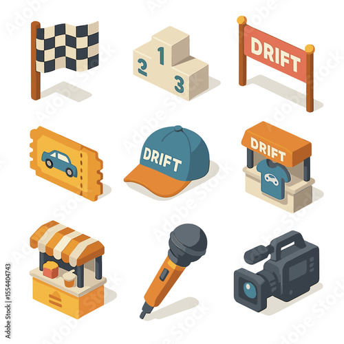 Racing Event Icon Set. Isometric Flat icon set of drift racing events: checkered flag, podium, event banner, ticket stub, fan hat,