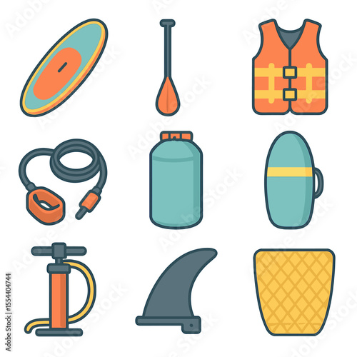 Paddleboarding Gear Icons. Isometric Flat icon set of paddleboarding gear: paddleboard, paddle, life jacket, leash, waterproof bag