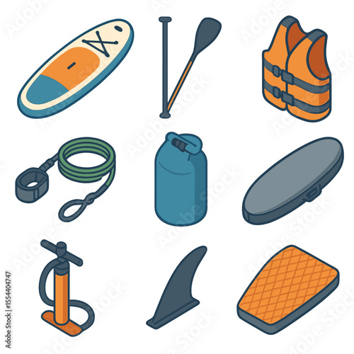 Paddleboarding Gear Icons. Isometric Flat icon set of paddleboarding gear: paddleboard, paddle, life jacket, leash, waterproof bag