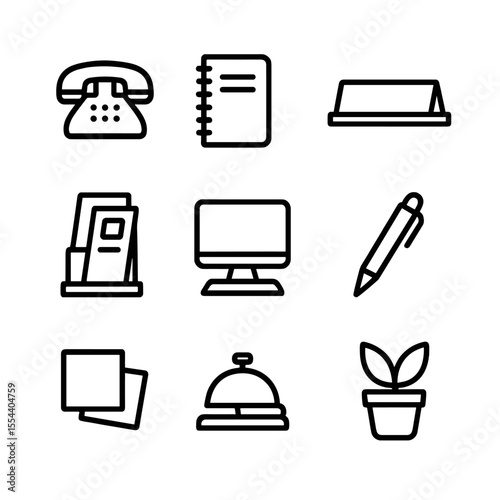 Reception Icons Set. Outline icon set of receptionist desk: telephone, visitor log, nameplate, desktop computer, brochure stand,
