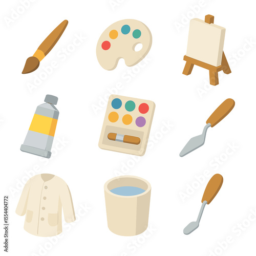Painting Techniques Icons. Isometric Flat icon set of painting techniques mastery: paintbrush, palette, easel, canvas, oil paint