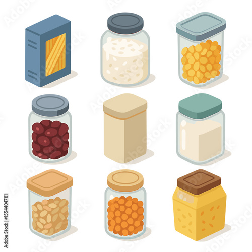 Pantry Organization Icons. Isometric Flat icon set of pantry dry goods organization: pasta box, rice jar, cereal container, bean