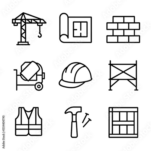 Reconstruction Icons Set. Outline icon set of rebuilding and reconstruction: construction crane, blueprint roll, brick wall,