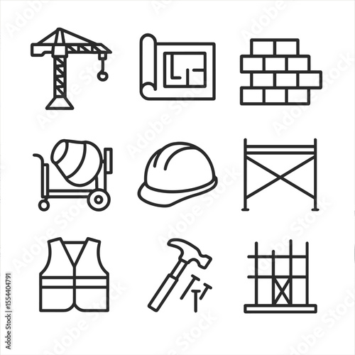 Reconstruction Icons Set. Outline icon set of rebuilding and reconstruction: construction crane, blueprint roll, brick wall,