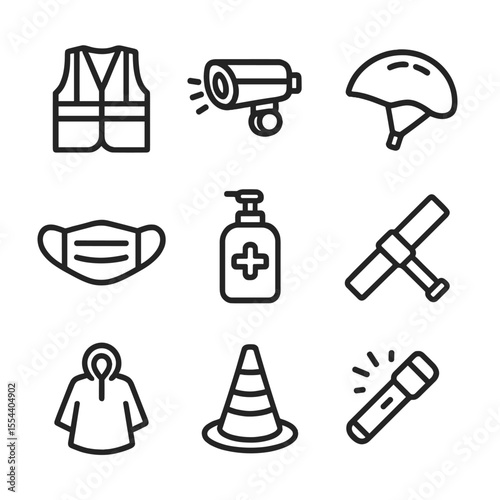 Commuting Safety Icons. Outline icon set of commuting safety gear: reflective jacket, bicycle light, helmet, face mask, hand