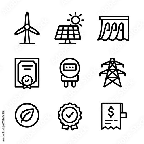 Renewable Energy Icons. Outline icon set of Renewable Energy Credit Programs: wind turbine, solar panel, hydro dam, credit