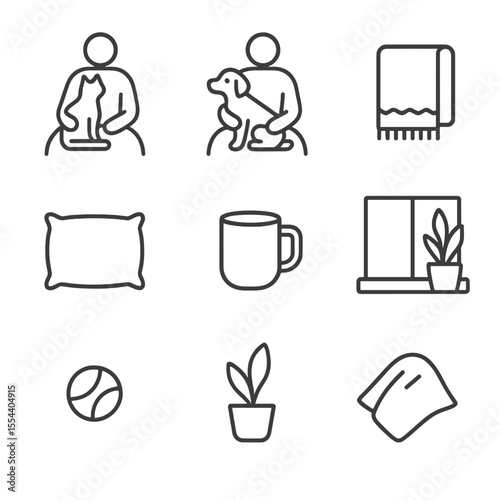 Pet Cuddle Icons. Outline icon set of pet cuddle on lap with blanket: cat silhouette, dog silhouette, lap blanket, owner hands,