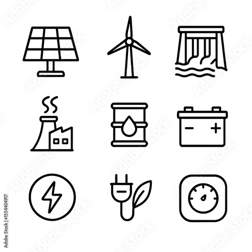 Renewable Energy Icons. Outline icon set of renewable energy products: solar panel, wind turbine, hydroelectric dam, geothermal
