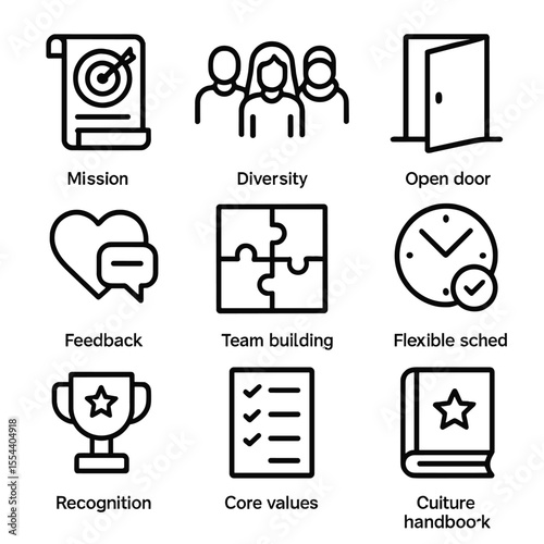 Company Culture Icons. Outline icon set of Company Culture Values: mission statement scroll, diversity icon, open door policy,