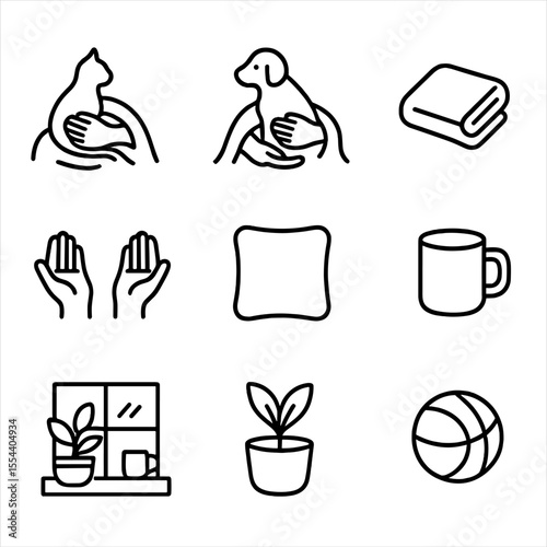 Pet Cuddle Icons. Outline icon set of pet cuddle on lap with blanket: cat silhouette, dog silhouette, lap blanket, owner hands,