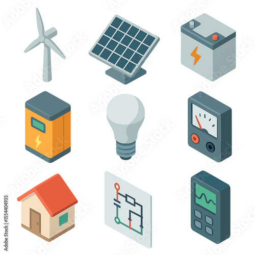Renewable Energy Icons. Isometric Flat icon set of renewable energy demonstration: wind turbine, solar panel, battery storage unit