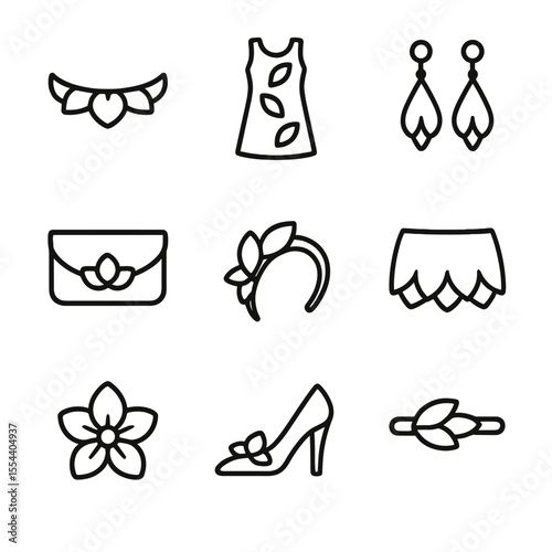 Petal Fashion Icons. Outline icon set of Petal-Inspired Fashion Accents: petal ruffle trim, petal applique dress, petal earring