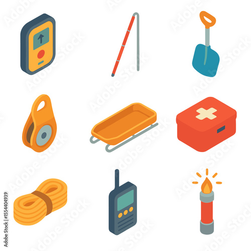 Rescue Equipment Icons. Isometric Flat icon set of safety and rescue equipment: avalanche transceiver, avalanche probe, rescue