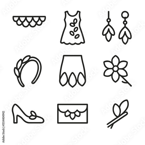 Petal Fashion Icons. Outline icon set of Petal-Inspired Fashion Accents: petal ruffle trim, petal applique dress, petal earring