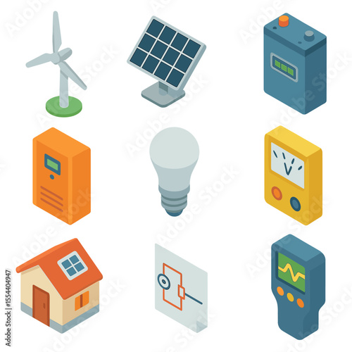 Renewable Energy Icons. Isometric Flat icon set of renewable energy demonstration: wind turbine, solar panel, battery storage unit