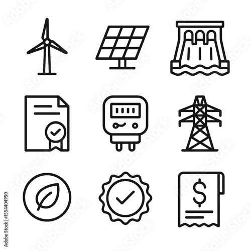 Renewable Energy Icons. Outline icon set of Renewable Energy Credit Programs: wind turbine, solar panel, hydro dam, credit