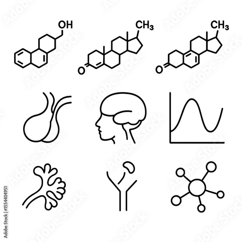 Reproductive Hormones Icons. Outline icon set of reproductive hormones: estrogen molecule, progesterone molecule, testosterone