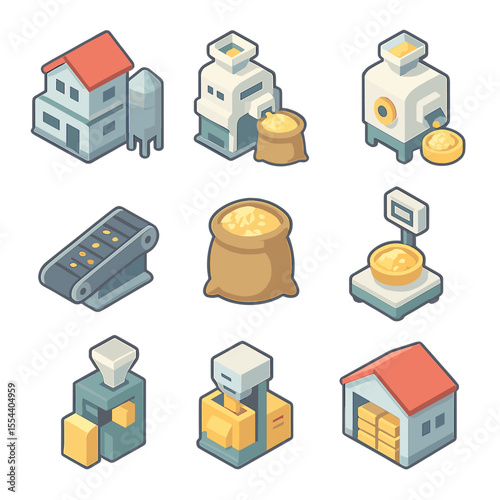 Rice Facility Icons. Isometric Flat icon set of rice processing facilities: rice mill, dehusking machine, polishing machine,