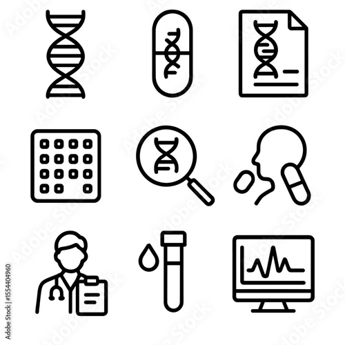 Pharmacogenomics Icon Set. Outline icon set of pharmacogenomics: DNA double helix, pill capsule with DNA strand, genotype report