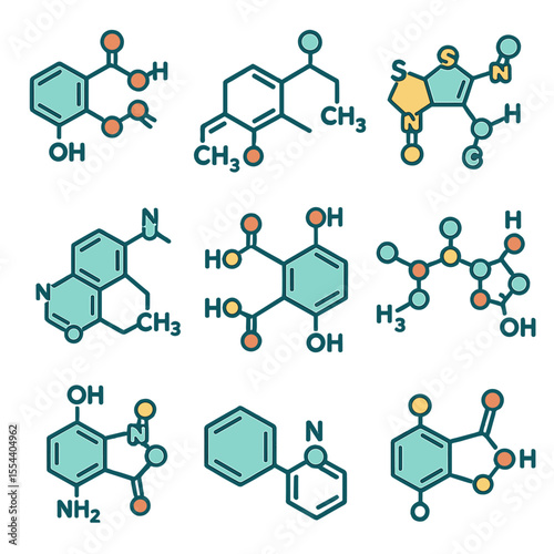 Pharmaceutical Molecules Grid. Isometric Flat icon set of pharmaceutical drug molecules: aspirin structure, ibuprofen molecule,