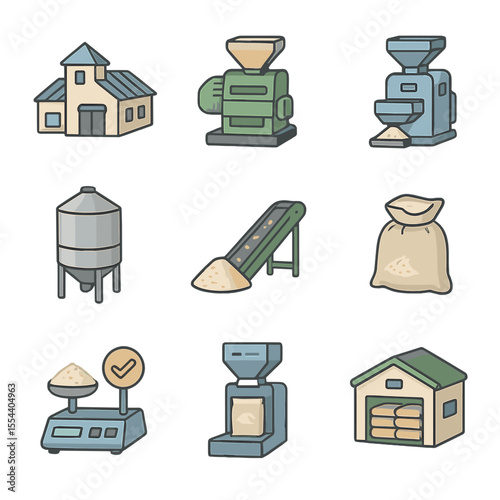 Rice Facility Icons. Isometric Flat icon set of rice processing facilities: rice mill, dehusking machine, polishing machine,