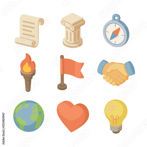 Company Values Icons. Isometric Flat icon set of company values and mission: mission statement scroll, value pillar column,