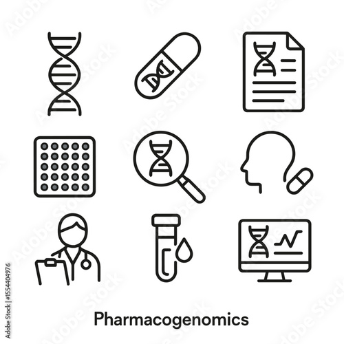 Pharmacogenomics Icon Set. Outline icon set of pharmacogenomics: DNA double helix, pill capsule with DNA strand, genotype report