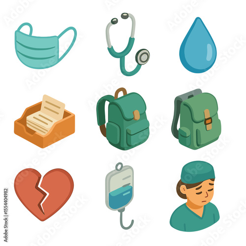 Compassion Fatigue Icons. Isometric Flat icon set of compassion fatigue indicators: medical mask, stethoscope, teardrop icon,