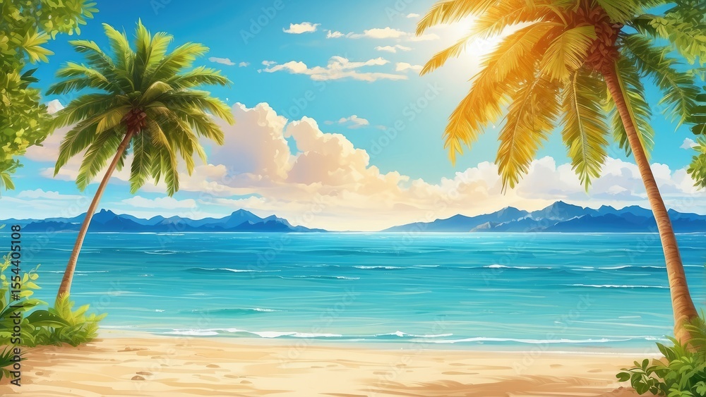 Obraz premium A serene tropical beach scene featuring gentle waves lapping at a sandy shore, framed by lush palm trees.