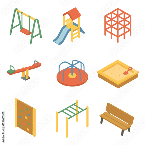 Playground Icons Set. Isometric Flat icon set of playground equipment in a summer park: swing set, slide, jungle gym, seesaw,