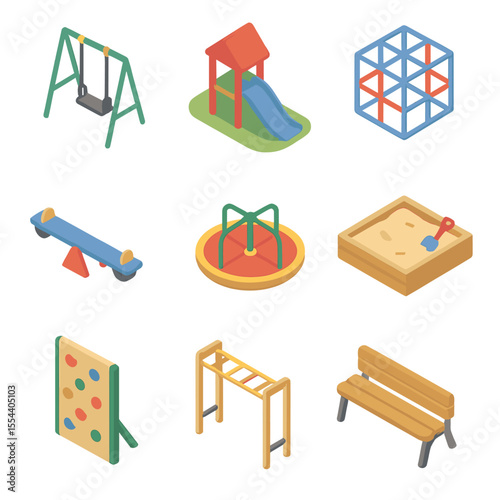 Playground Icons Set. Isometric Flat icon set of playground equipment in a summer park: swing set, slide, jungle gym, seesaw,