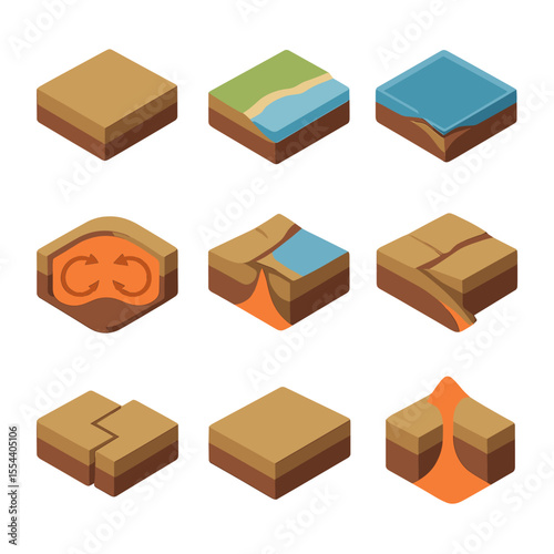 Plate Tectonics Icons. Isometric Flat icon set of plate tectonics concepts: tectonic plate, continental shelf, oceanic crust,