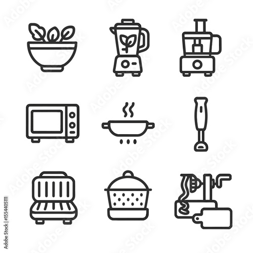 Cooking Appliance Icons. Outline icon set of salad bowl cooking appliances: blender, food processor, microwave, stovetop pan,