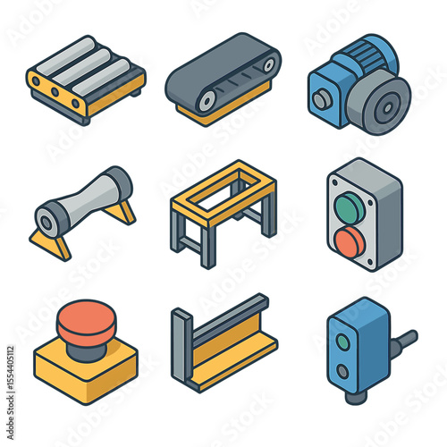 Conveyor Belt Icons. Isometric Flat icon set of conveyor belt systems: roller conveyor, belt, motor drive, idler roller, conveyor