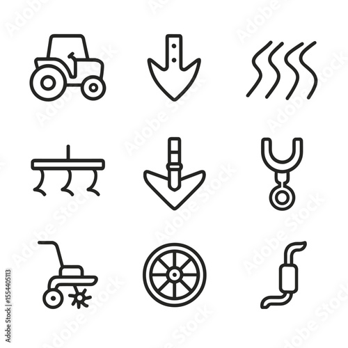 Plowing Equipment Icons. Outline icon set of plowing equipment: tractor, plowshare, furrow, cultivator, plow blade, hitch coupling