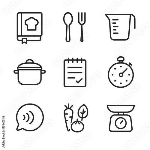Cooking Assistant Icons. Outline icon set of virtual cooking assistant: recipe book, spoon and fork, measuring cup, cooking pot,