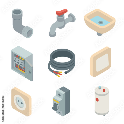 Plumbing and Electrical Icons. Isometric Flat icon set of plumbing and electrical systems: PVC pipe, faucet, sink, water heater,