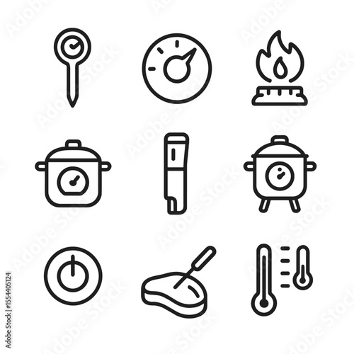 Cooking Temperature Icons. Outline icon set of cooking temperature control: meat thermometer, oven dial, stovetop flame, pressure