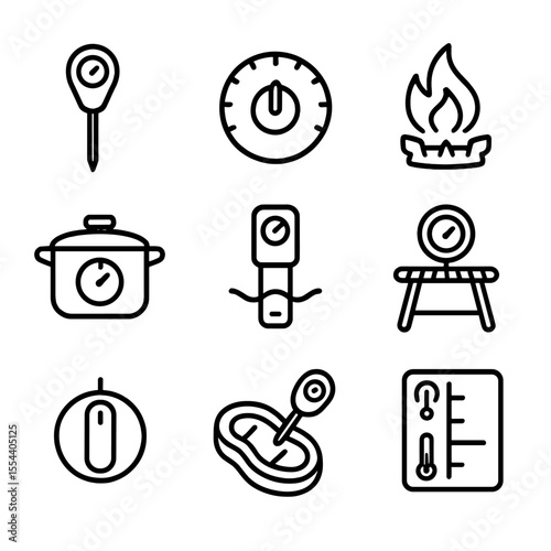 Cooking Temperature Icons. Outline icon set of cooking temperature control: meat thermometer, oven dial, stovetop flame, pressure